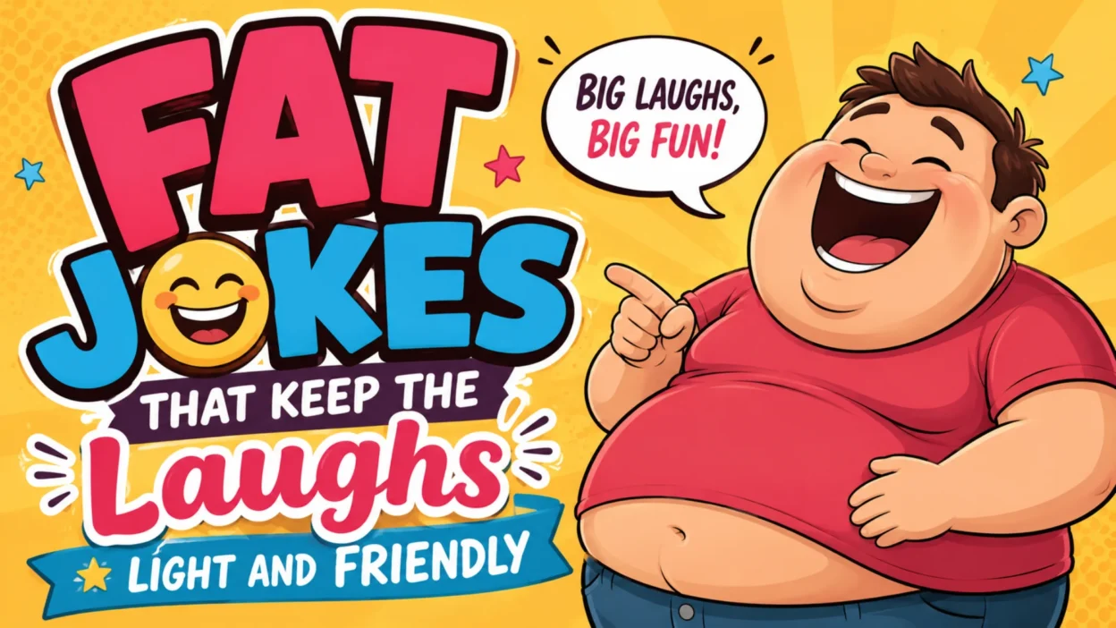 Fat Jokes That Keep the Laughs Light and Friendly banner featuring a cheerful cartoon character laughing with colorful comic-style text on a bright yellow background.