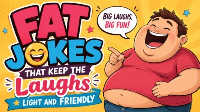 Fat Jokes That Keep the Laughs Light and Friendly banner featuring a cheerful cartoon character laughing with colorful comic-style text on a bright yellow background.