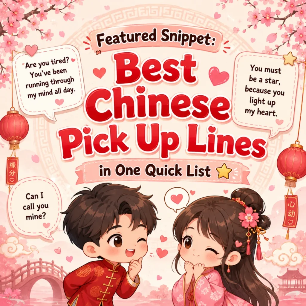 A colorful illustration featuring a smiling couple, Chinese-inspired decorations, and bold text reading "Best Chinese Pick Up Lines in One Quick List."