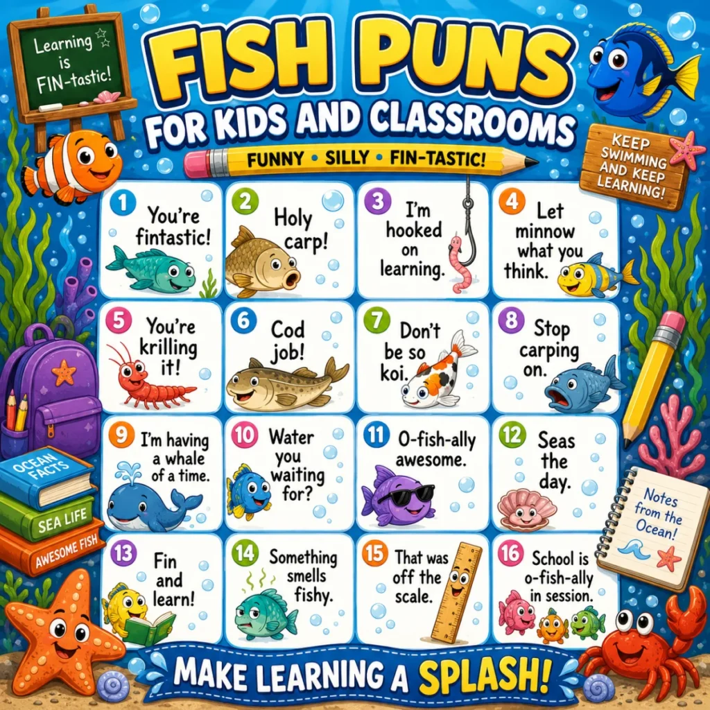 Colorful underwater classroom-themed fish puns infographic titled “Fish Puns for Kids and Classrooms,” featuring cartoon fish, bubbles, coral, school supplies, books, pencils, a chalkboard, and funny kid-friendly fish puns.