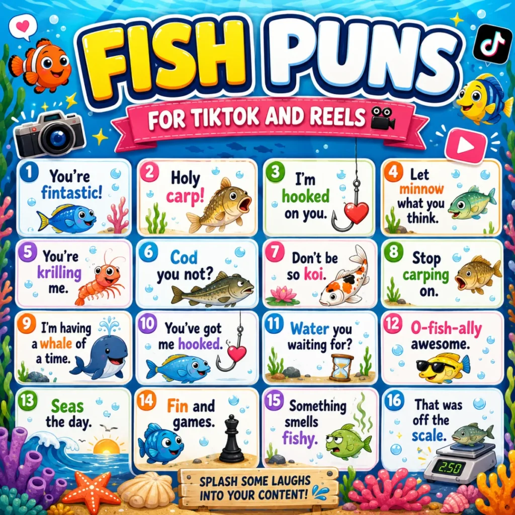 Colorful underwater infographic titled “Fish Puns for TikTok and Reels,” featuring cartoon fish, bubbles, coral, seaweed, camera icons, video symbols, and funny fish puns for short-form content.
