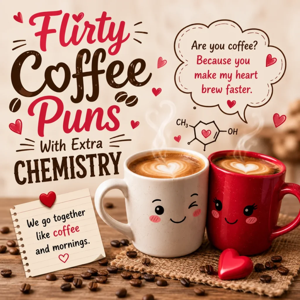 Two adorable coffee mugs with heart-shaped latte art, coffee beans, and romantic illustrations celebrating flirty coffee puns with extra chemistry.