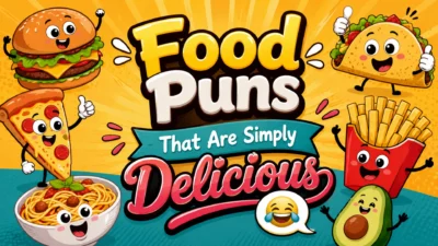 Food Puns That Are Simply Delicious featuring funny cartoon burger, pizza, taco, fries, pasta, and avocado characters on a colorful background