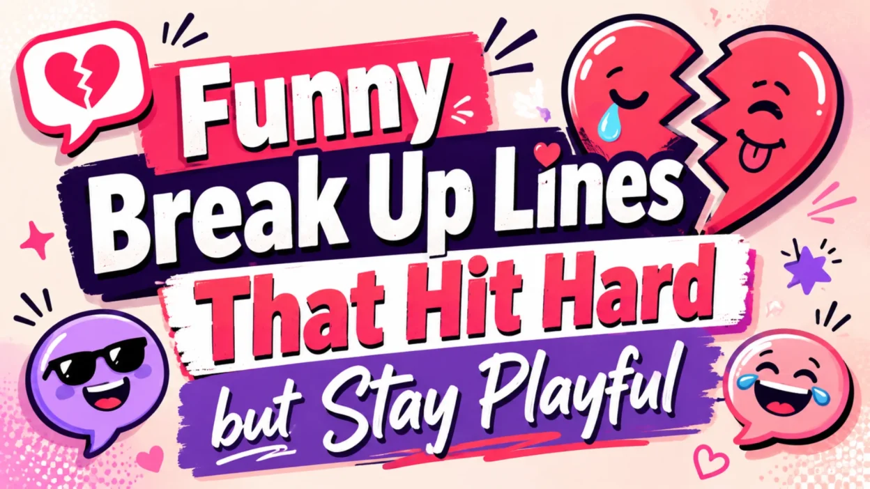 Playful illustration of a broken heart with humorous breakup messages, smiling emojis, and lighthearted dating-themed graphics.