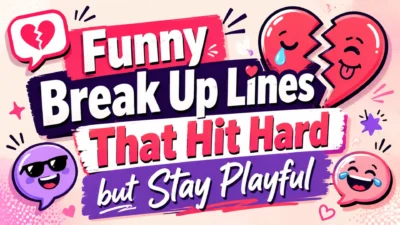 Playful illustration of a broken heart with humorous breakup messages, smiling emojis, and lighthearted dating-themed graphics.