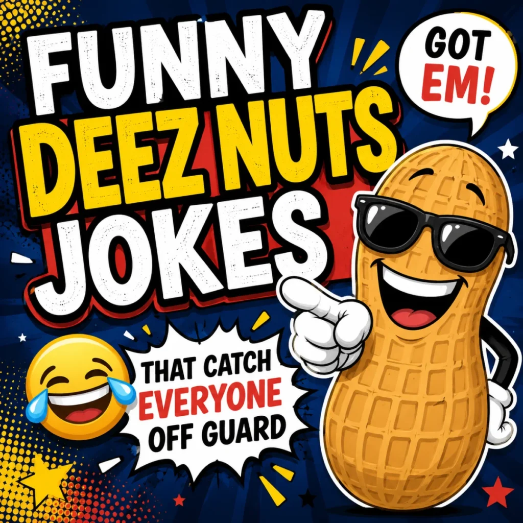 Funny Deez Nuts jokes illustration featuring a laughing cartoon peanut wearing sunglasses with bold comic-style text and colorful background.