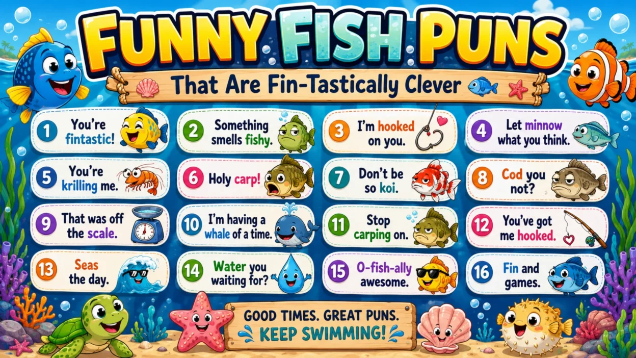 Colorful underwater fish puns infographic titled “Funny Fish Puns That Are Fin-Tastically Clever,” featuring cartoon fish, bubbles, seaweed, coral, shells, a turtle, starfish, and funny ocean-themed puns.