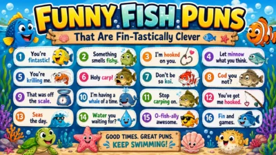 Colorful underwater fish puns infographic titled “Funny Fish Puns That Are Fin-Tastically Clever,” featuring cartoon fish, bubbles, seaweed, coral, shells, a turtle, starfish, and funny ocean-themed puns.