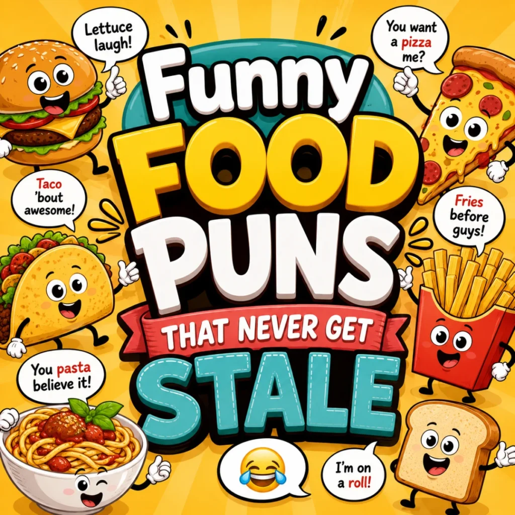 Funny Food Puns That Never Get Stale featuring cute cartoon burger, pizza, taco, fries, pasta, and bread characters with humorous food jokes