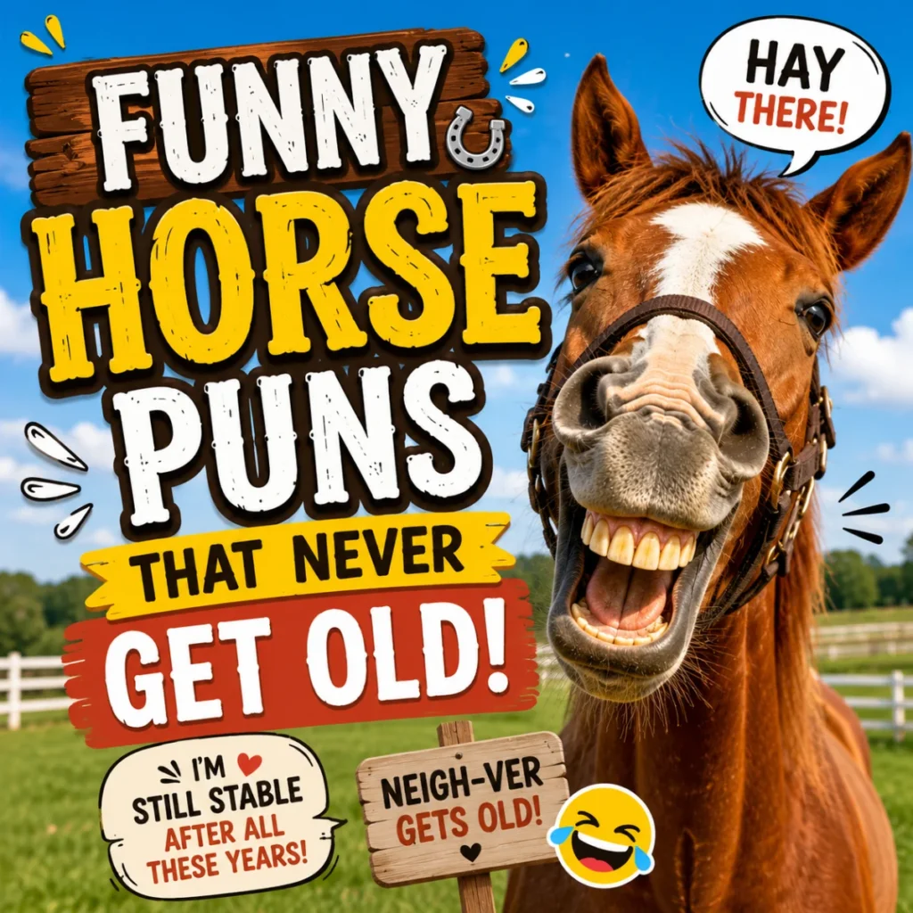 Funny Horse Puns That Never Get Old featuring a smiling horse with playful typography on a colorful farm background.