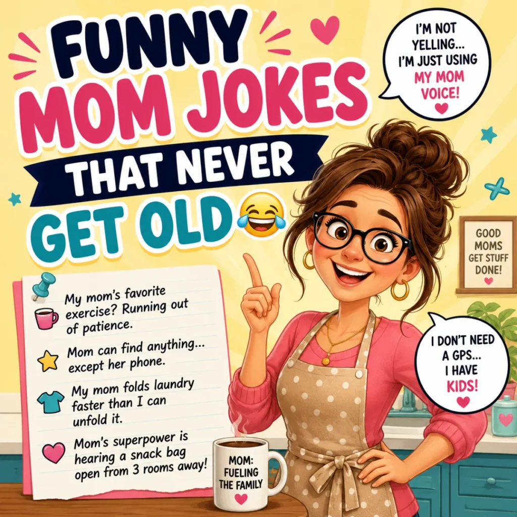 Colorful square illustration of a smiling cartoon mom with the headline "Funny Mom Jokes That Never Get Old" on a bright background, promoting clean and family-friendly humor.