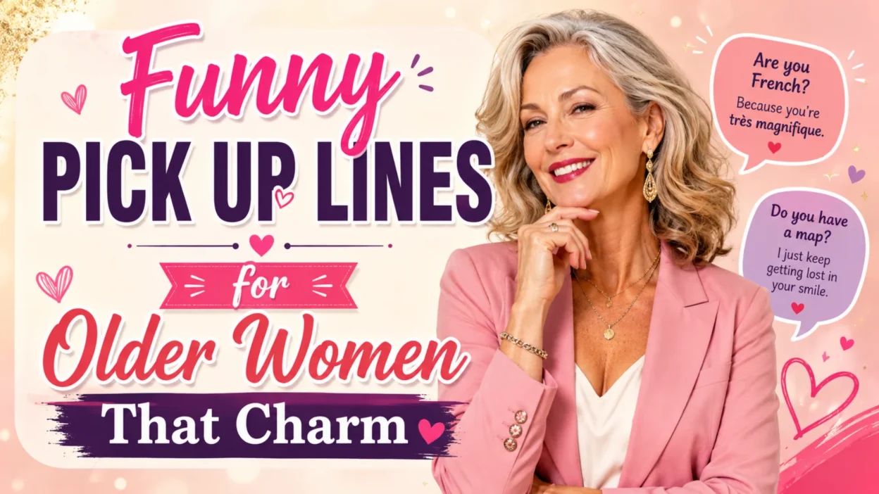 Funny pick up lines for older women with a confident man and elegant mature woman sharing a warm smile in a cozy café.