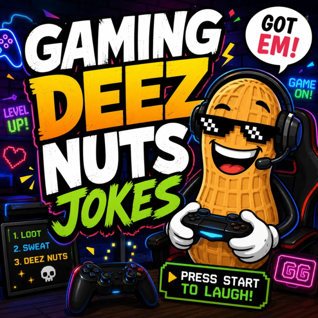 Gaming Deez Nuts jokes illustration featuring a cartoon peanut gamer with a headset, controller, and neon gaming background.