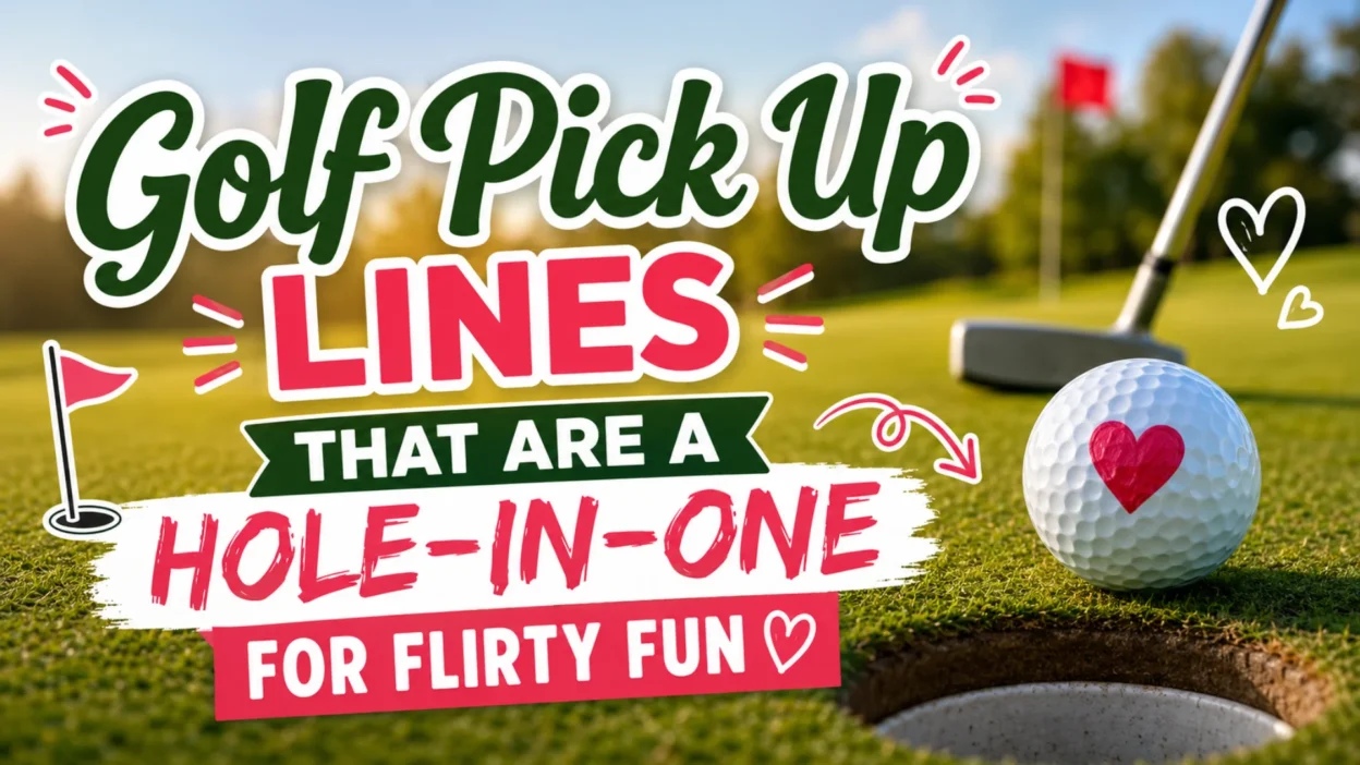 Golf pick up lines featured on a sunny golf course with a golf ball, putter, and hole, highlighting funny and flirty golf-themed conversation starters.