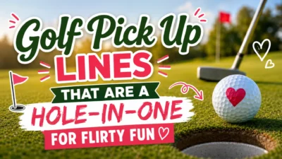 Golf pick up lines featured on a sunny golf course with a golf ball, putter, and hole, highlighting funny and flirty golf-themed conversation starters.
