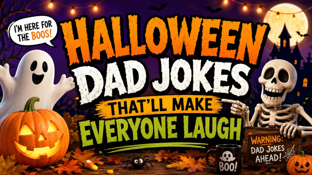 Halloween dad jokes illustration featuring a smiling ghost, laughing skeleton, glowing jack-o'-lantern, haunted house, and spooky Halloween decorations.