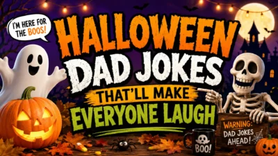 Halloween dad jokes illustration featuring a smiling ghost, laughing skeleton, glowing jack-o'-lantern, haunted house, and spooky Halloween decorations.