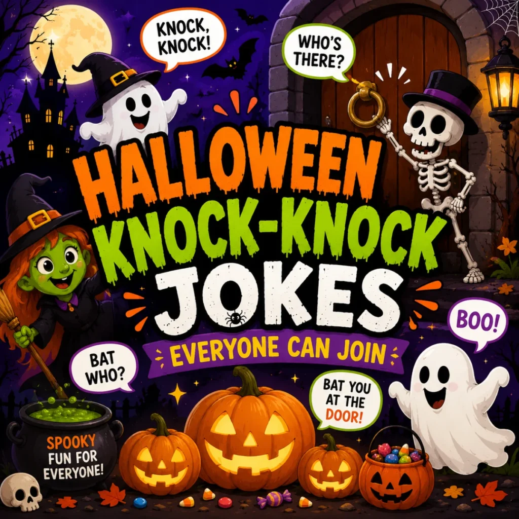 Halloween knock-knock jokes illustration with friendly ghosts, pumpkins, skeleton, witch, spooky door, and haunted house for family fun.