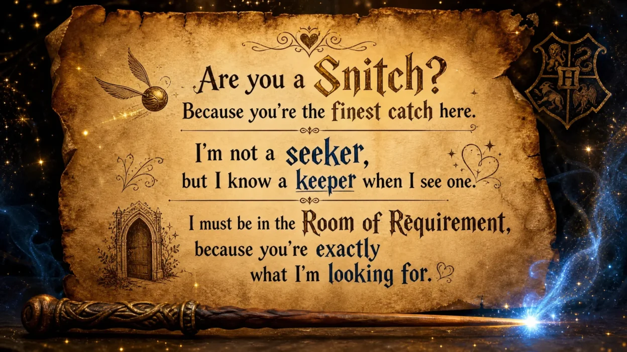 A magical parchment background with Harry Potter themed pick-up lines, featuring a Golden Snitch, a glowing wand, and elegant typography.