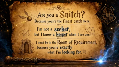 A magical parchment background with Harry Potter themed pick-up lines, featuring a Golden Snitch, a glowing wand, and elegant typography.