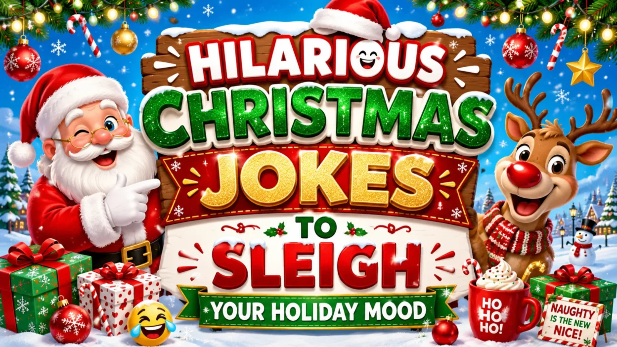 Colorful Christmas jokes banner featuring Santa, a smiling reindeer, gifts, ornaments, candy canes, and bold festive text saying “Hilarious Christmas Jokes to Sleigh Your Holiday Mood.”