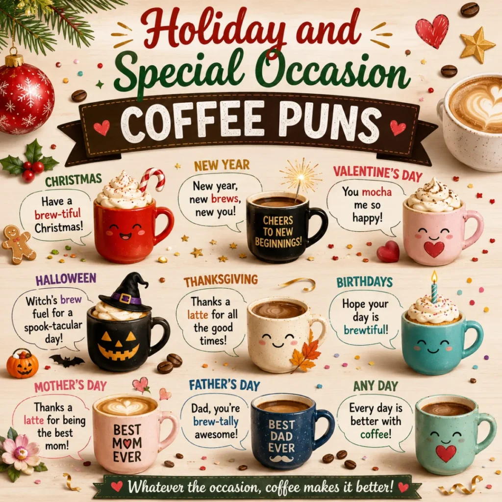 Holiday and special occasion coffee puns featuring festive coffee mugs with funny Christmas, Halloween, Valentine's Day, Thanksgiving, birthday, and New Year coffee jokes.