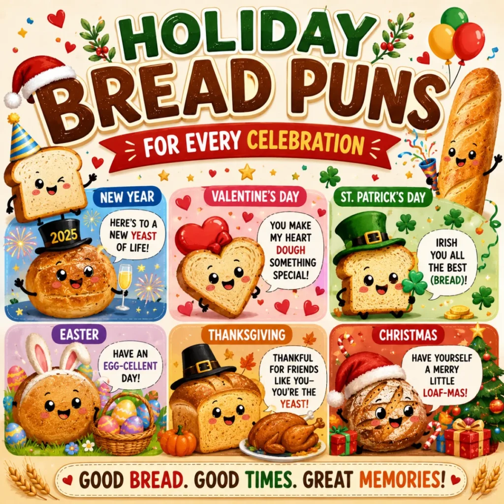 Holiday Bread Puns for Every Celebration featuring cute cartoon bread characters with festive bakery jokes for Christmas, Thanksgiving, Valentine's Day, Easter, and other holidays.
