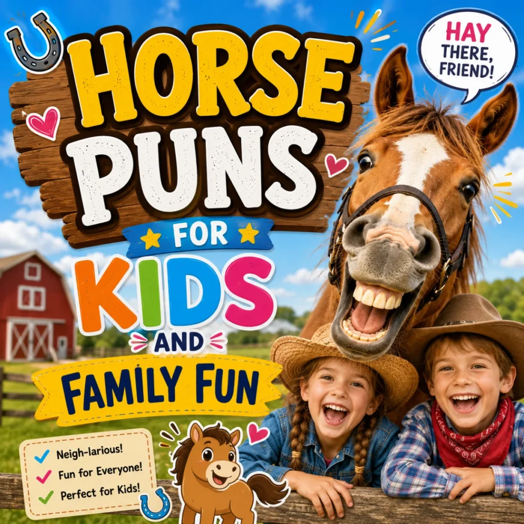 Horse Puns for Kids and Family Fun featuring a happy horse and smiling children on a colorful farm background.