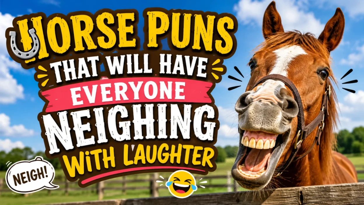 Horse Puns That Will Have Everyone Neighing with Laughter featuring a funny smiling horse in a colorful farm background.