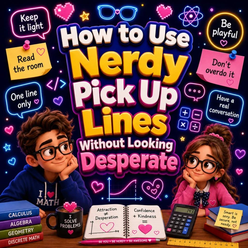 Illustrated guide showing how to use nerdy pick up lines confidently with friendly body language, speech bubbles, and geek-inspired icons like books, glasses, and laptops.