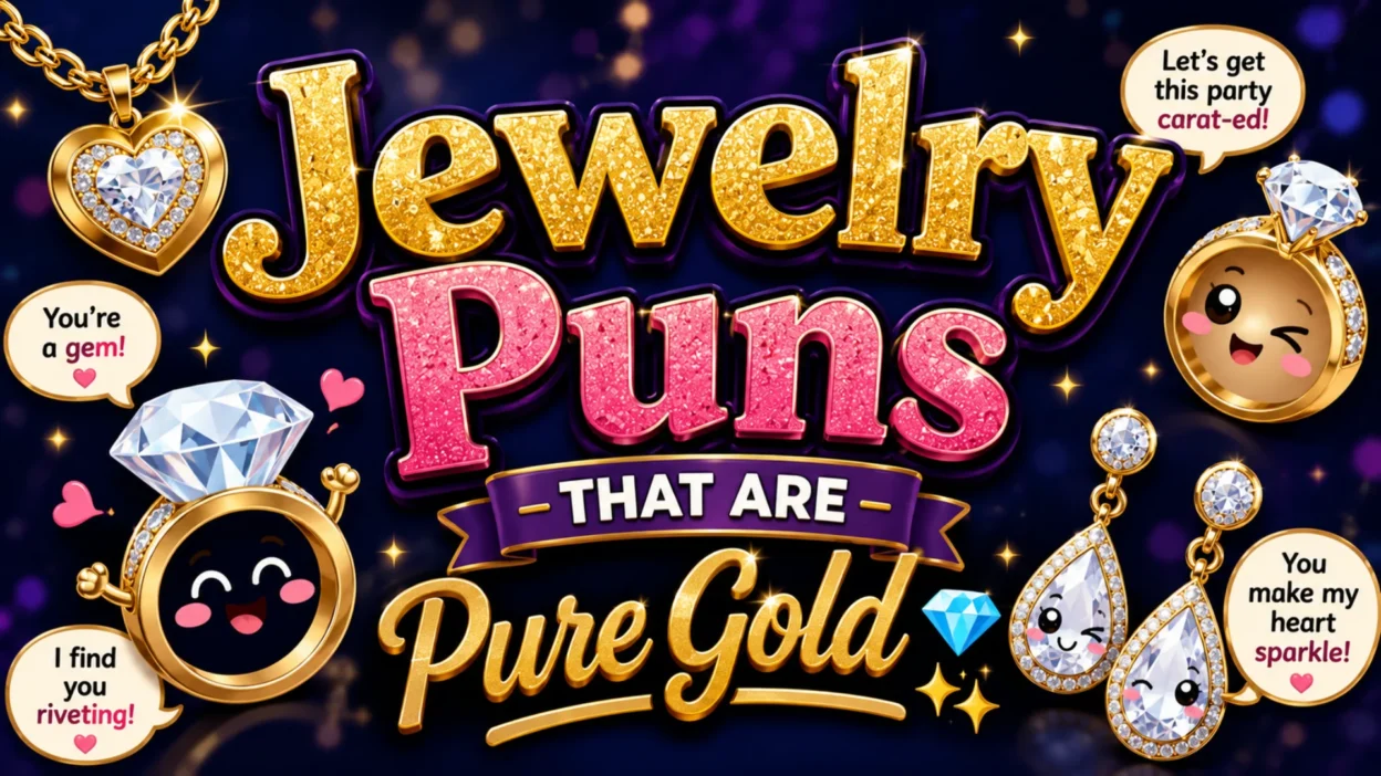 Colorful jewelry puns banner featuring sparkling diamonds, gold rings, necklaces, earrings, and playful gemstone characters with humorous jewelry-themed wordplay.