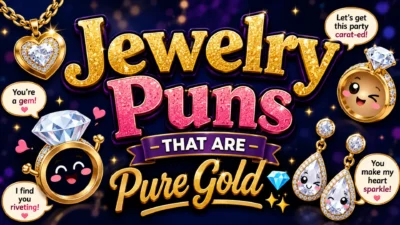 Colorful jewelry puns banner featuring sparkling diamonds, gold rings, necklaces, earrings, and playful gemstone characters with humorous jewelry-themed wordplay.