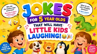 Jokes for 5 Year Olds That Will Have Little Kids Laughing with colorful cartoon kids, funny animals, and playful joke illustrations on a bright yellow background.