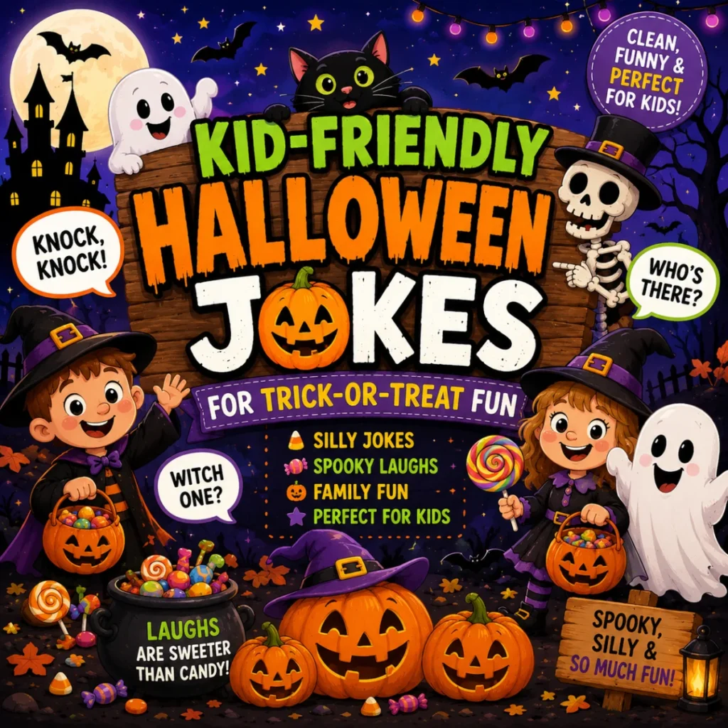 Kid-friendly Halloween jokes illustration with happy children trick-or-treating, smiling ghosts, pumpkins, candy, bats, and a friendly skeleton.