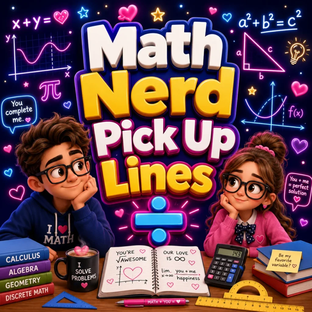 Math-themed graphic featuring clever math nerd pick up lines with equations, calculators, geometric shapes, and playful classroom-inspired illustrations.