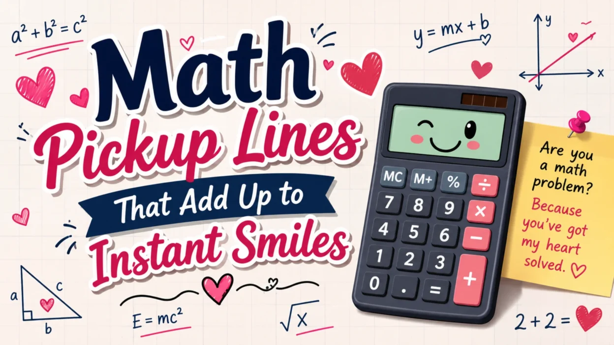 Math Pickup Lines That Add Up to Instant Smiles with calculator, hearts, and fun math equations on a colorful background