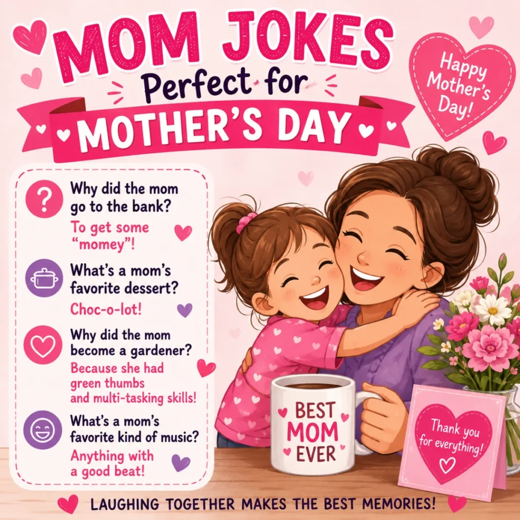Cute Mother's Day illustration featuring a smiling mom hugging her child with funny mom jokes, hearts, flowers, and a festive pink design.