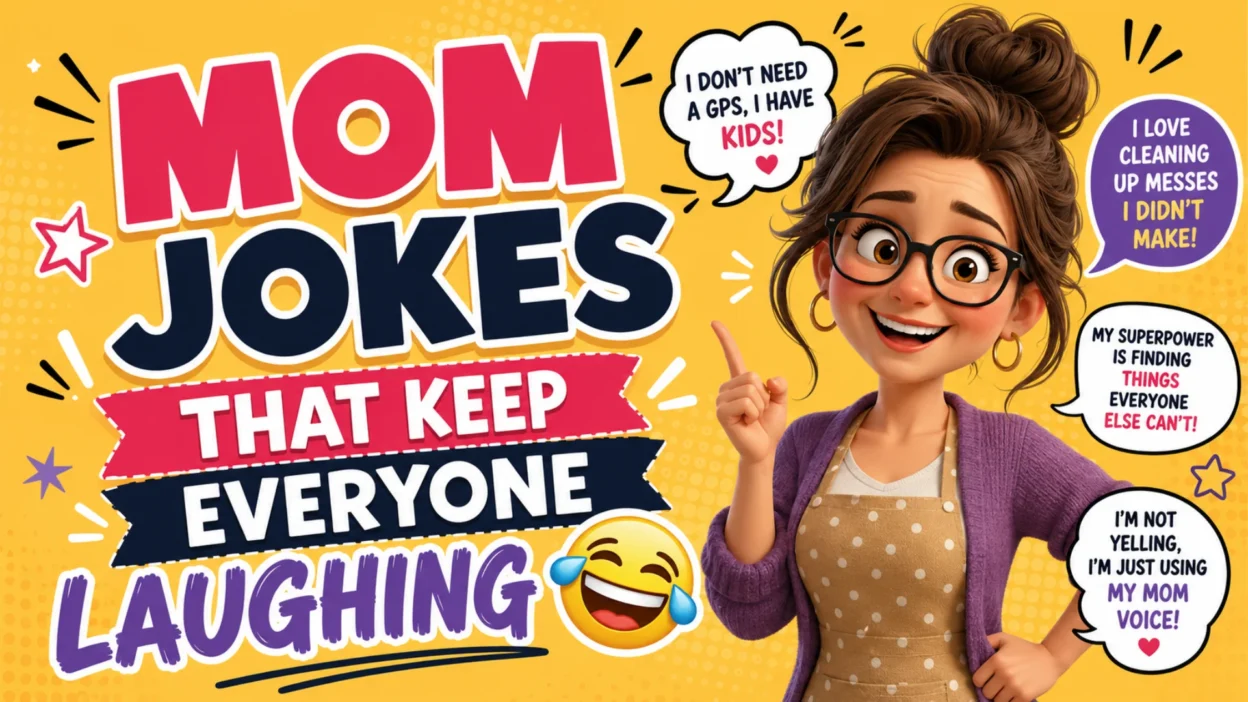 Colorful illustration of a smiling cartoon mom with the text "Mom Jokes That Keep Everyone Laughing" on a bright yellow background, representing funny, clean family humor.
