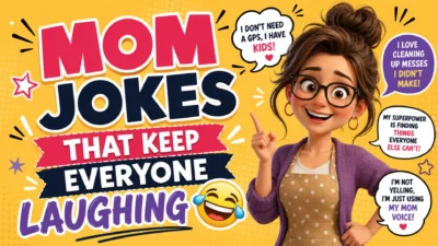 Colorful illustration of a smiling cartoon mom with the text "Mom Jokes That Keep Everyone Laughing" on a bright yellow background, representing funny, clean family humor.