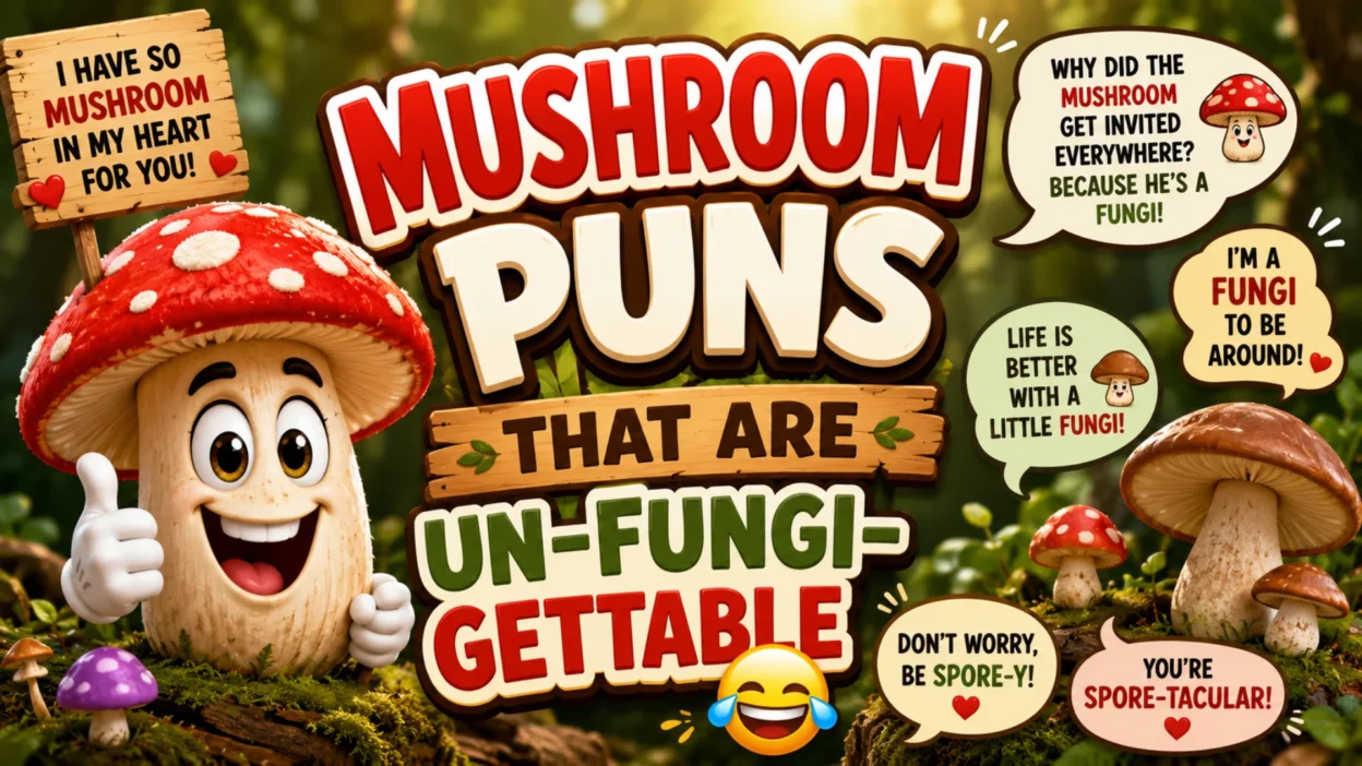 Smiling cartoon mushroom with funny mushroom puns, comic speech bubbles, and bold colorful typography in a magical forest setting.