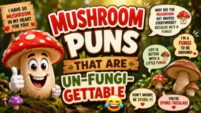 Smiling cartoon mushroom with funny mushroom puns, comic speech bubbles, and bold colorful typography in a magical forest setting.