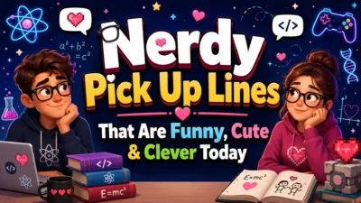 Colorful graphic featuring nerdy pick up lines with science, math, gaming, and technology-themed illustrations in a fun, geek-inspired design.