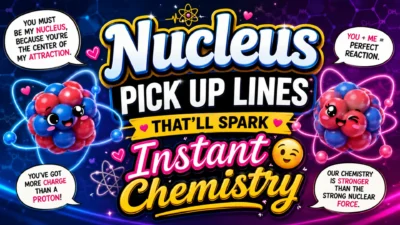 Colorful 1920×1080 thumbnail featuring smiling atomic nuclei, glowing orbit paths, and bold text reading "Nucleus Pick Up Lines That’ll Spark Instant Chemistry" with playful science-themed romance graphics.
