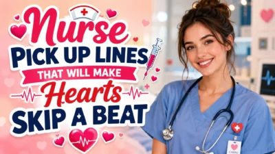 A smiling nurse wearing blue scrubs and a stethoscope beside bold text reading "Nurse Pick Up Lines That Will Make Hearts Skip a Beat" with heart and medical-themed graphics.