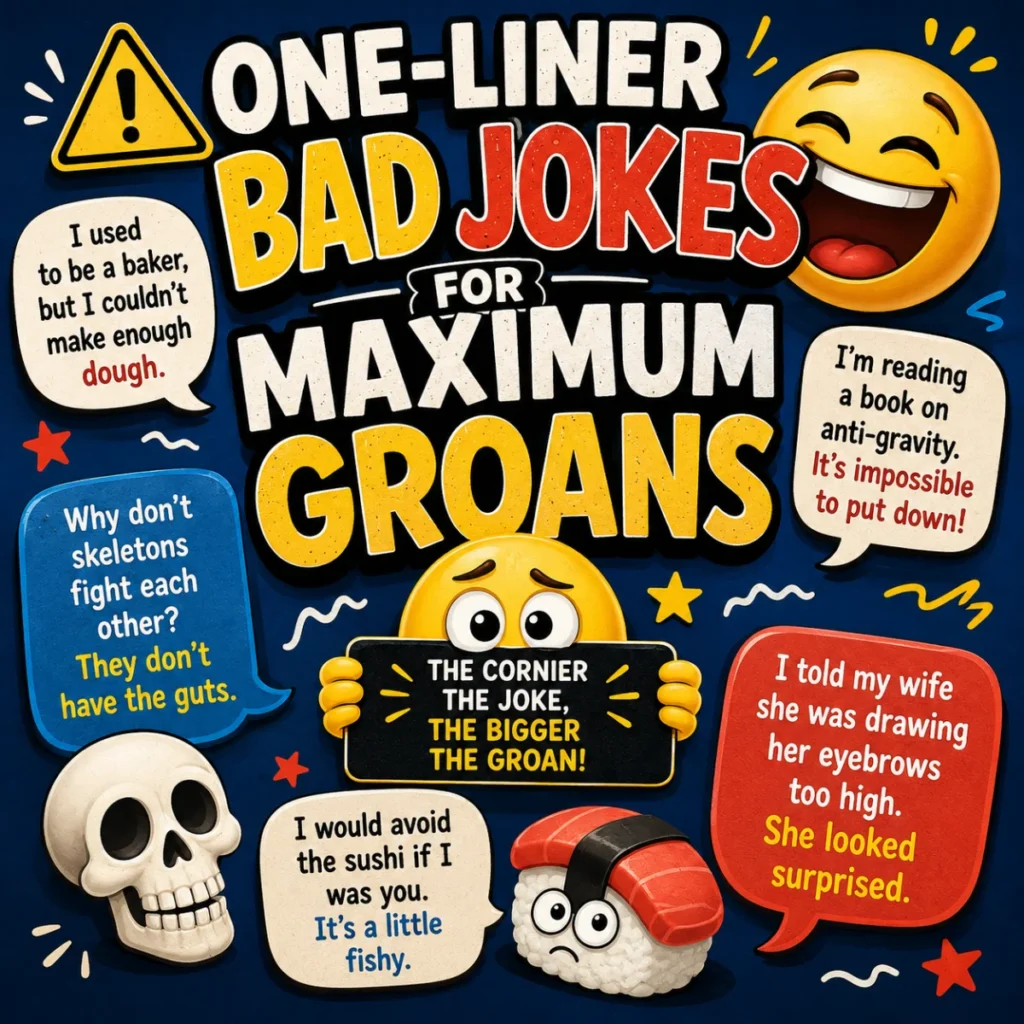 A colorful square illustration featuring funny one-liner bad jokes, laughing emojis, comic speech bubbles, and bold typography designed for humor lovers.