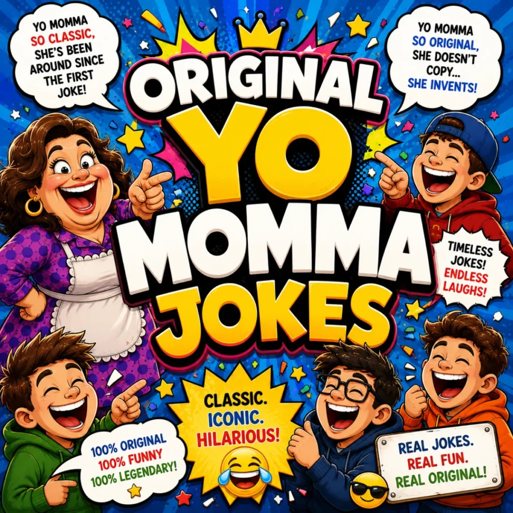 A colorful square cartoon illustration featuring bold "Original Yo Momma Jokes" text with laughing characters, comic speech bubbles, confetti, and a festive comic-style background.
