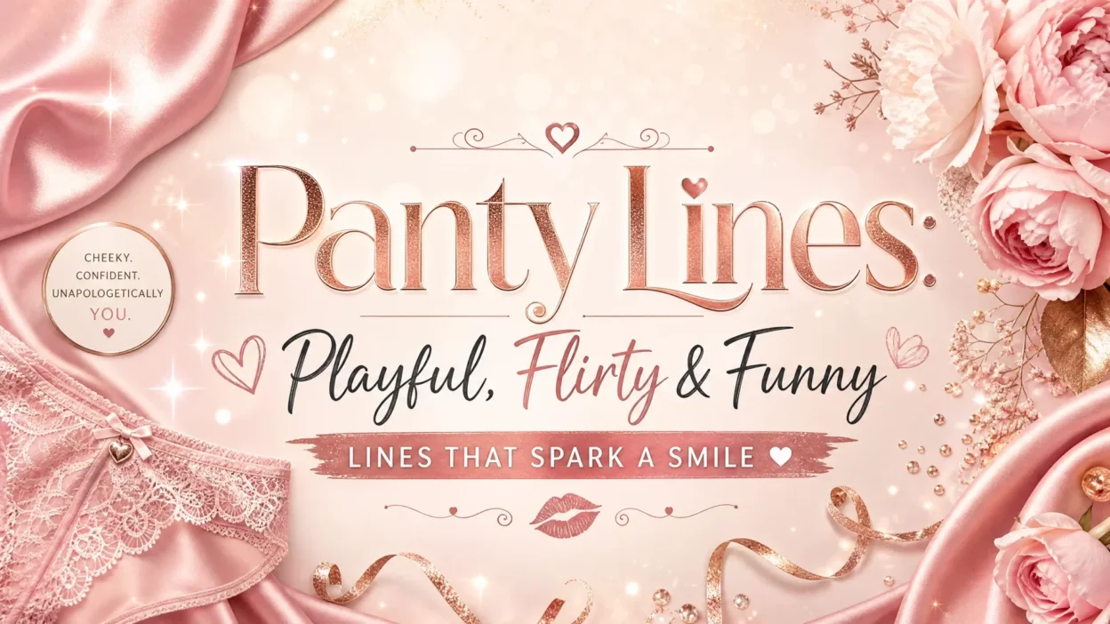 A chic and playful promotional banner for 'Panty Lines' featuring rose gold and pink typography against a soft, romantic background with silk textures and floral accents.