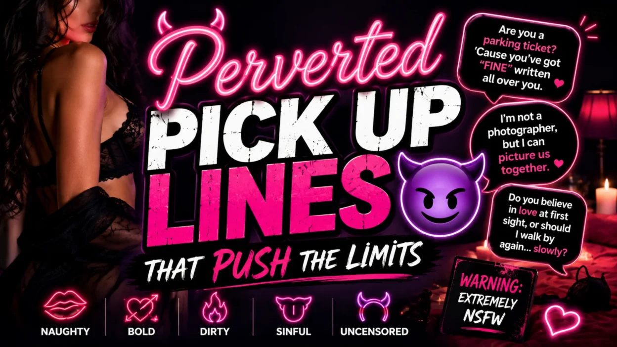 Neon-themed featured image for perverted pick up lines with bold typography, devil emoji, glowing hearts, and a playful adults-only dating vibe.