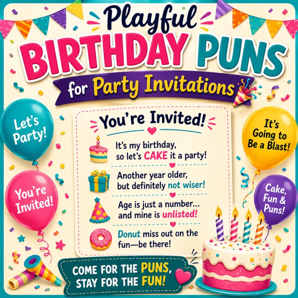 Playful birthday puns for party invitations featuring colorful balloons, birthday cake, confetti, festive banners, and funny invitation sayings in a vibrant square design.