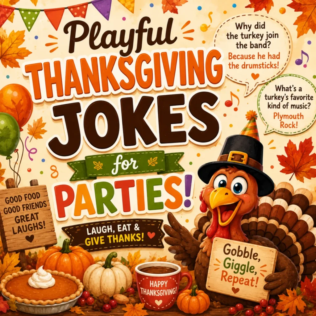 Cheerful cartoon turkey wearing a pilgrim hat and party hat surrounded by pumpkins, balloons, autumn leaves, and festive decorations with the text "Playful Thanksgiving Jokes for Parties."